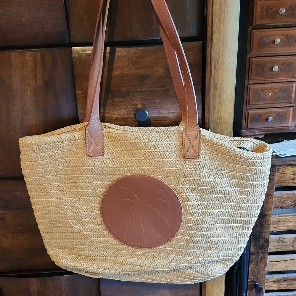 Palm Embossed Tan Straw Tote Bag